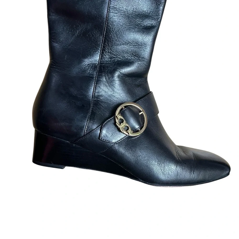 TORY BURCH Sophia Black Nappa Leather Tall Wedge Riding Boots